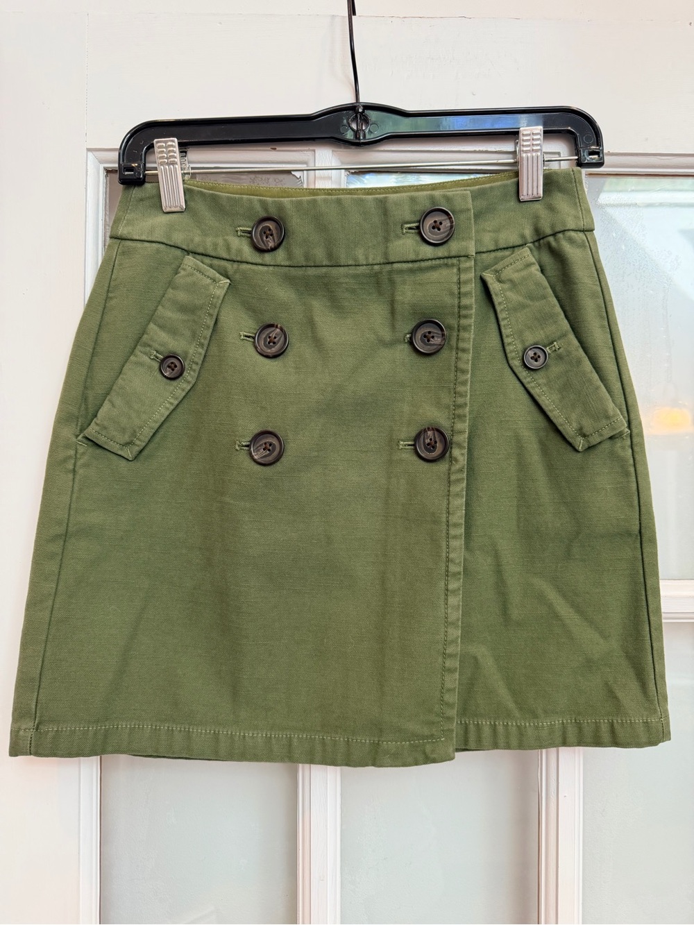 J. Crew Y2K Olive Army Green Cotton Twill Button Front Mini Skirt Size 00 XXS